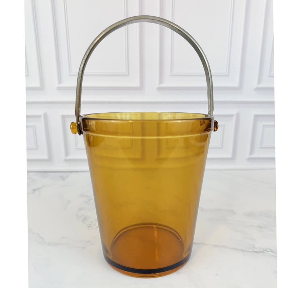 VTG Fostoria Amber Glass Ice Bucket MCM Barware Metal Handle 6" Tall
